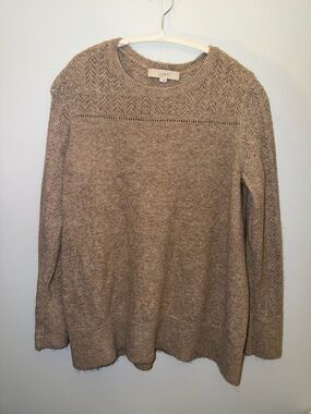 LOFT Taupe Textured Knit Crewneck Sweater